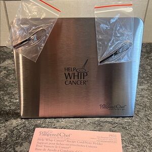 Pampered Chef Stainless Steel HELP WHIP CANCER Recipe Note Holder. NEW